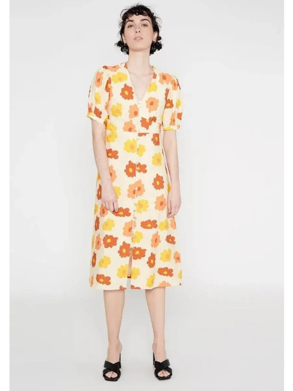 Wild Pony Yellow Dress Midi Long NWT XL Orange Retro Floral Print 70s Button Up